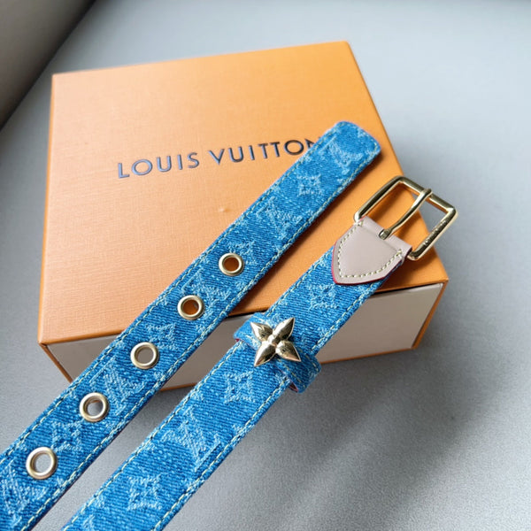 LV FLOWERGRAM ARDILLON 30MM BELT LIGHT BLUE MONOGRAM DENIM GOLD HARDWARE