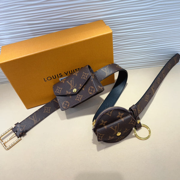 LV MULTI POCKET 30MM BELT IN DARK BROWN MONOGRAM CALFSKIN GOLD HARDWARE