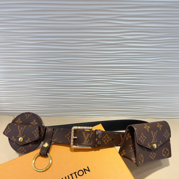 LV MULTI POCKET 30MM BELT IN DARK BROWN MONOGRAM CALFSKIN GOLD HARDWARE
