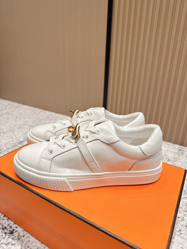 HM Casual Sneakers Gold Buckle White Leather