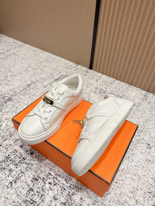 HM Casual Sneakers Gold Buckle White Leather