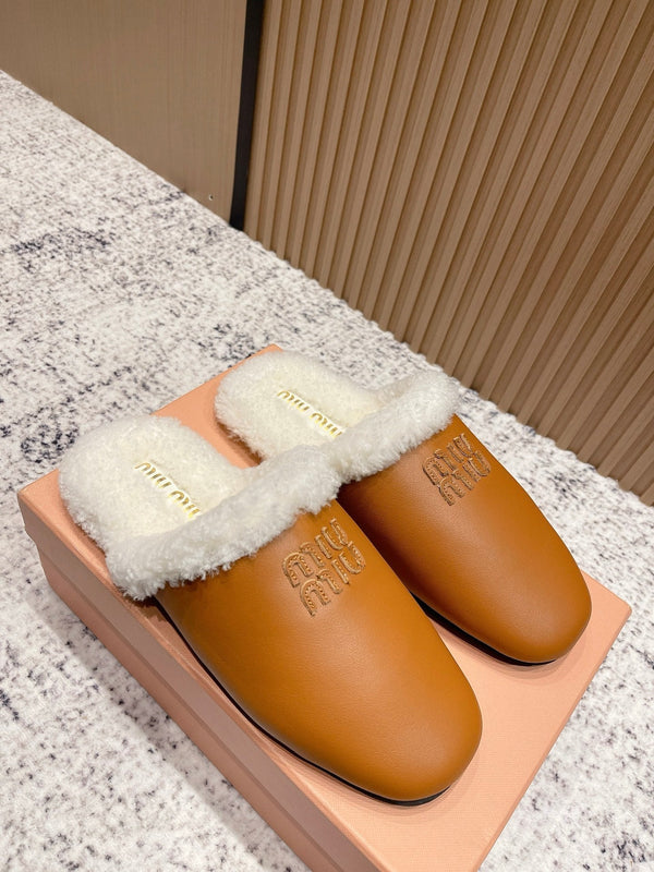 Miu Shearling-Lined Mules Brown Cowhide 481433