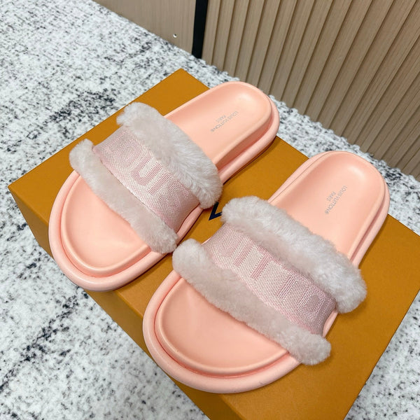 LV 25SS FW Platform Slippers Pink Canvas Wool 533772
