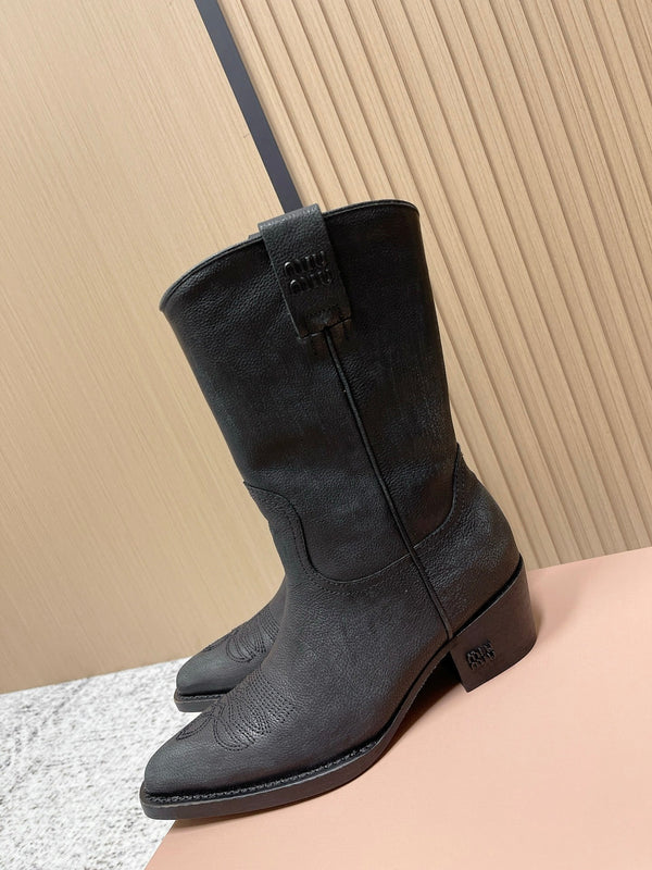 Miumiu Latest FW Western Cowboy Boots Black Genuine Leather 533964