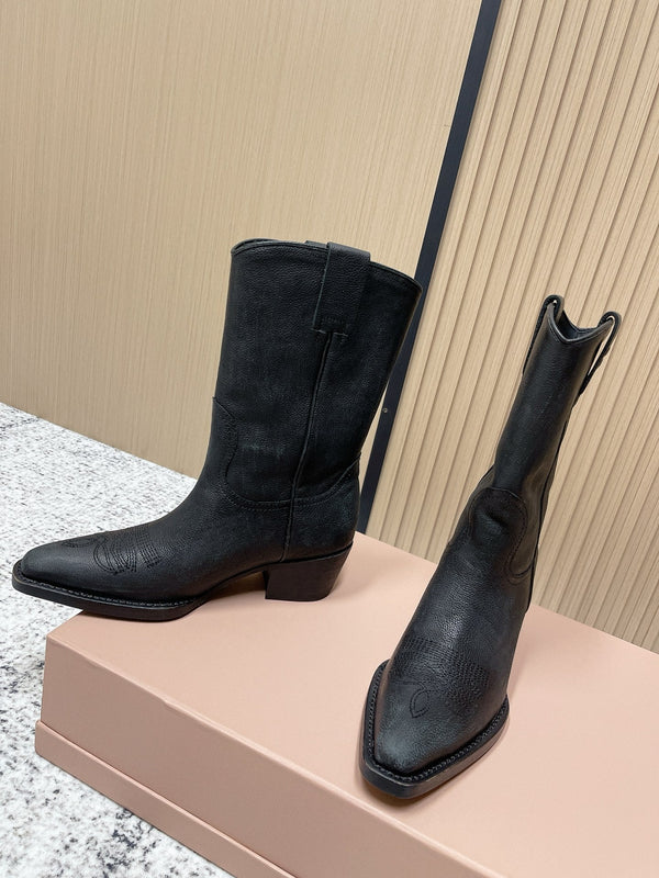 Miumiu Latest FW Western Cowboy Boots Black Genuine Leather 533964