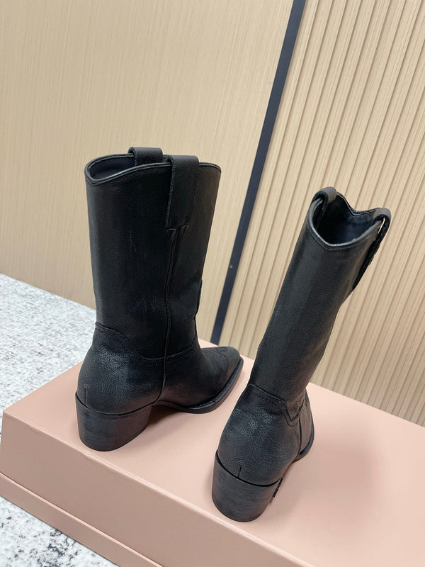 Miumiu Latest FW Western Cowboy Boots Black Genuine Leather 533964