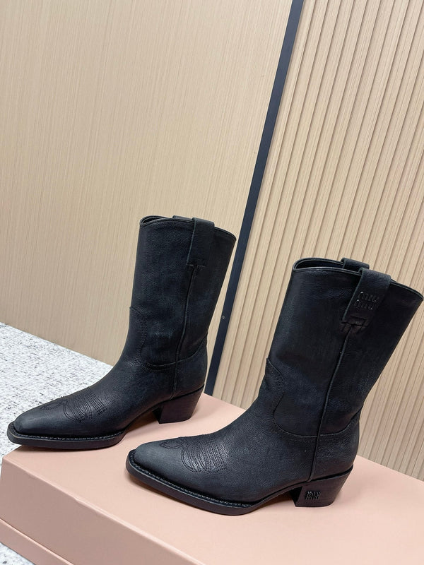 Miumiu Latest FW Western Cowboy Boots Black Genuine Leather 533964