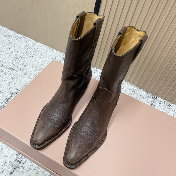 Miumiu Latest FW Western Cowboy Boots Brown Genuine Leather 533965