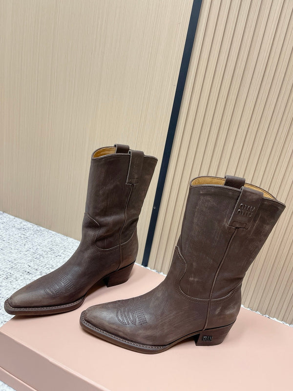 Miumiu Latest FW Western Cowboy Boots Brown Genuine Leather 533965