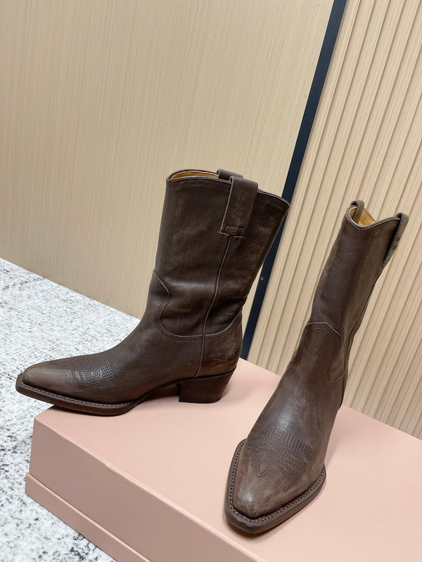 Miumiu Latest FW Western Cowboy Boots Brown Genuine Leather 533965