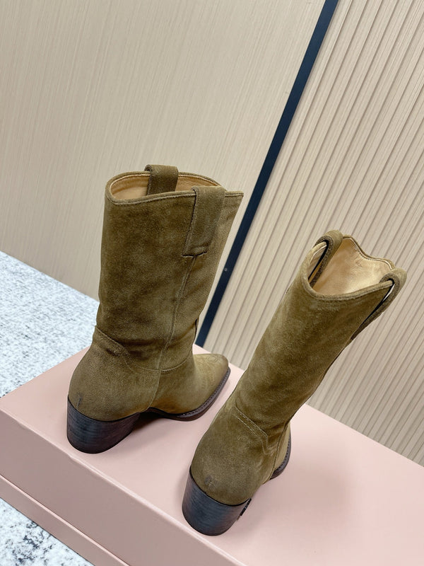 Miumiu Latest FW Western Cowboy Boots Khaki Suede 533966