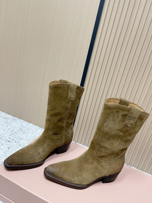 Miumiu Latest FW Western Cowboy Boots Khaki Suede 533966