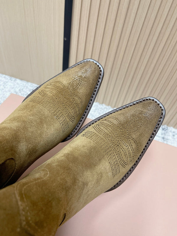 Miumiu Latest FW Western Cowboy Boots Khaki Suede 533966