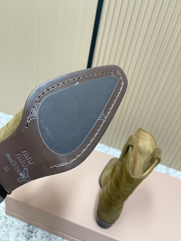 Miumiu Latest FW Western Cowboy Boots Khaki Suede 533966
