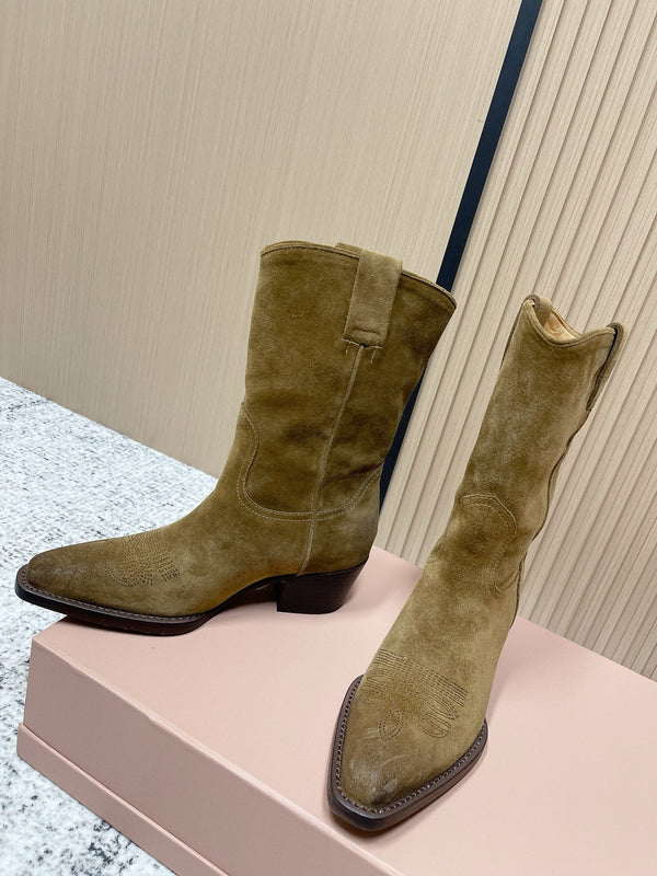 Miumiu Latest FW Western Cowboy Boots Khaki Suede 533966