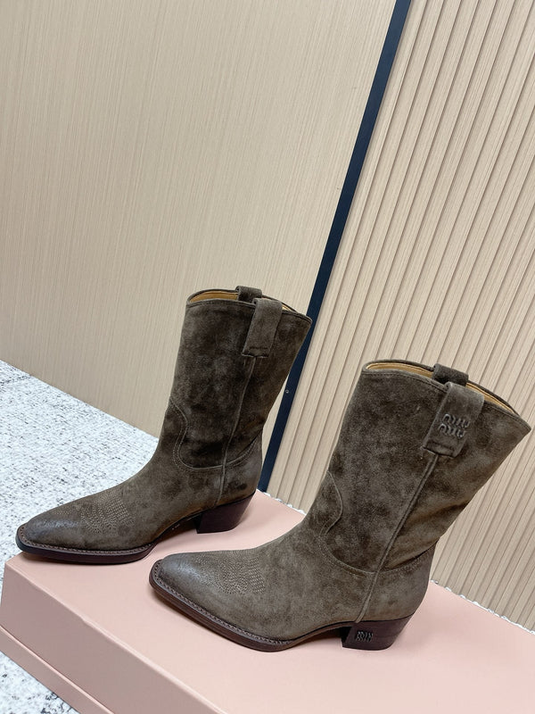Miumiu Latest FW Western Cowboy Boots olive green  Suede 533967