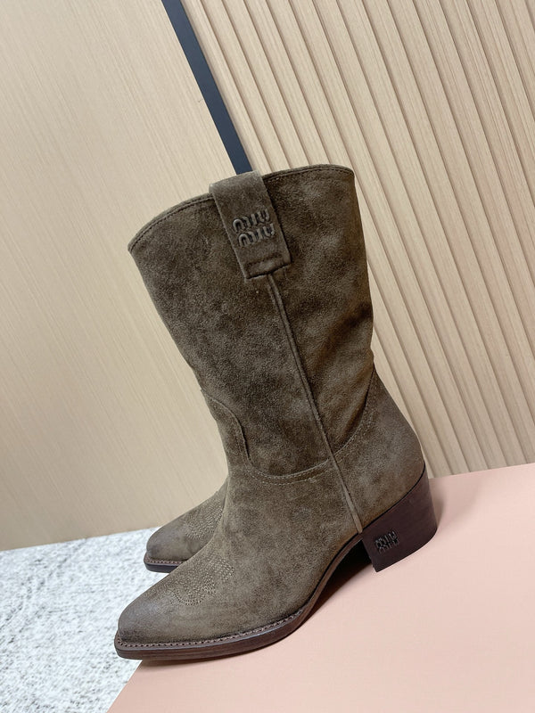 Miumiu Latest FW Western Cowboy Boots olive green  Suede 533967