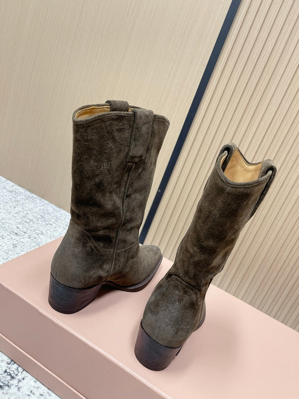 Miumiu Latest FW Western Cowboy Boots olive green  Suede 533967