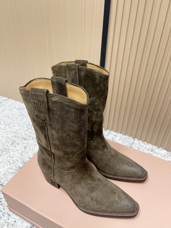 Miumiu Latest FW Western Cowboy Boots olive green  Suede 533967