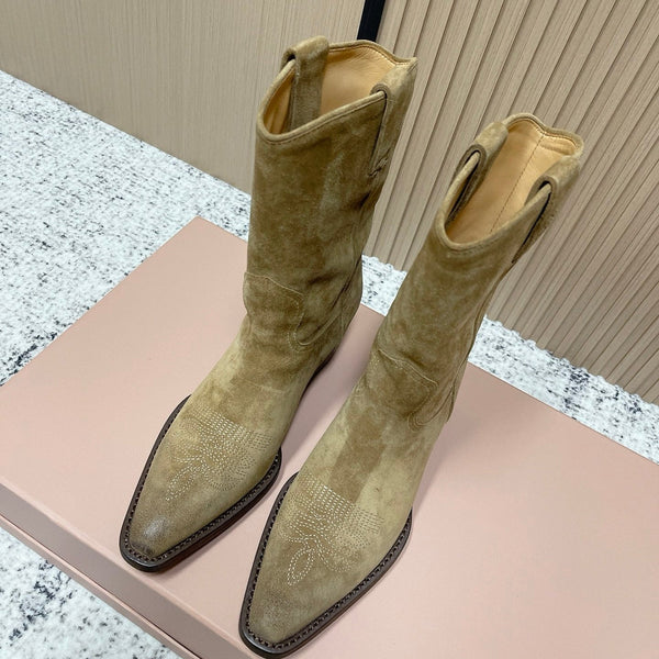 Miumiu Latest FW Western Cowboy Boots Beige Suede 533968