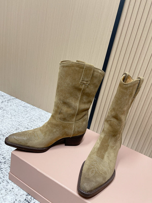 Miumiu Latest FW Western Cowboy Boots Beige Suede 533968