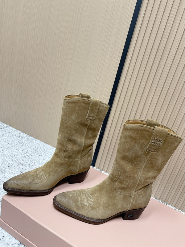 Miumiu Latest FW Western Cowboy Boots Beige Suede 533968