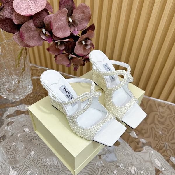 Jimmy Anise 105mm In White Pearl Studded Lambskin Mules 581538