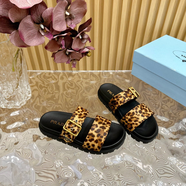 SANDALI CIABATTE PRA MOTIVO LEOPARDO IN PELLE DI VITELLO NERA