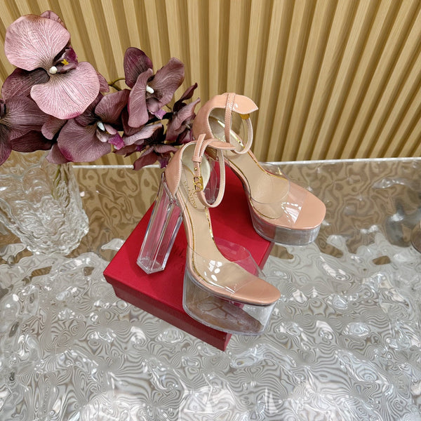 HIGH SANDAL 14CM IN NUDE TAN CALFSKIN AND TRANSPARENT PVC