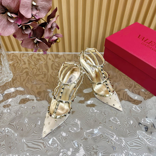 DÉCOLLETÉ ROCKSTUD EFFETTO SPECCHIO CON CINTURINI E BORCHIE COORDINATE 95 MM PELLE DI VITELLO ORO E RETE