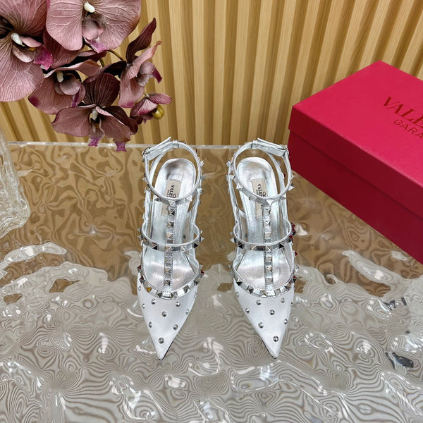 DÉCOLLETÉ ROCKSTUD EFFETTO SPECCHIO CON CINTURINI E BORCHIE COORDINATE 95 MM PELLE DI VITELLO ARGENTO E RETE