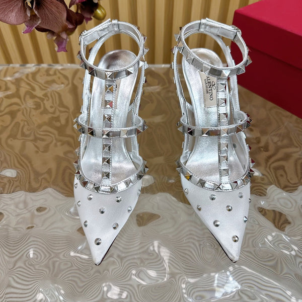 DÉCOLLETÉ ROCKSTUD EFFETTO SPECCHIO CON CINTURINI E BORCHIE COORDINATE 95 MM PELLE DI VITELLO ARGENTO E RETE