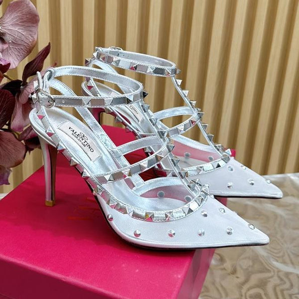 DÉCOLLETÉ ROCKSTUD EFFETTO SPECCHIO CON CINTURINI E BORCHIE COORDINATE 95 MM PELLE DI VITELLO ARGENTO E RETE