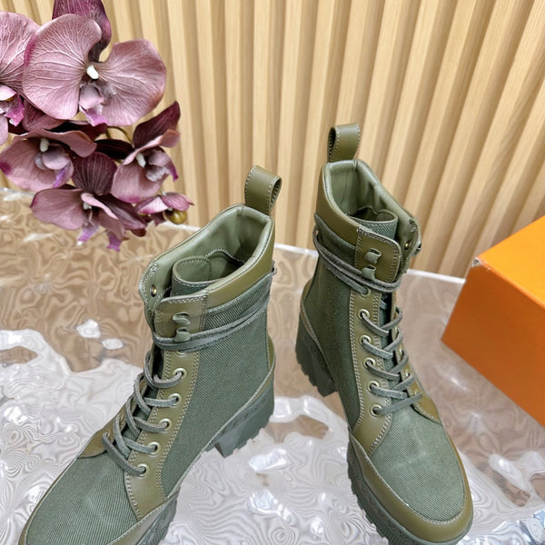 LV Laureate Platform Desert Boot 70mm Khaki Green Denim Fabric