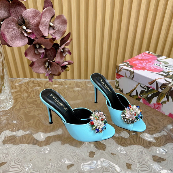 DC Rhinestone Buckle Mules Clear Blue Silk & Sheepskin 926029