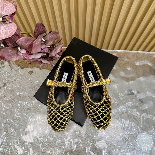 Ballerine Alaia in pelle di vacchetta intrecciata color oro 102288