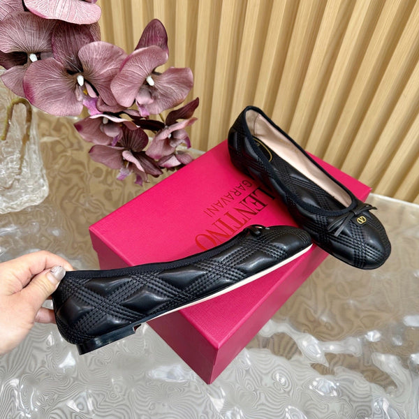 VT 2025 Quilted Leather Bow Ballerina Flats Black Sheepskin 286493