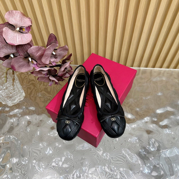 VT 2025 Quilted Leather Bow Ballerina Flats Black Sheepskin 286493