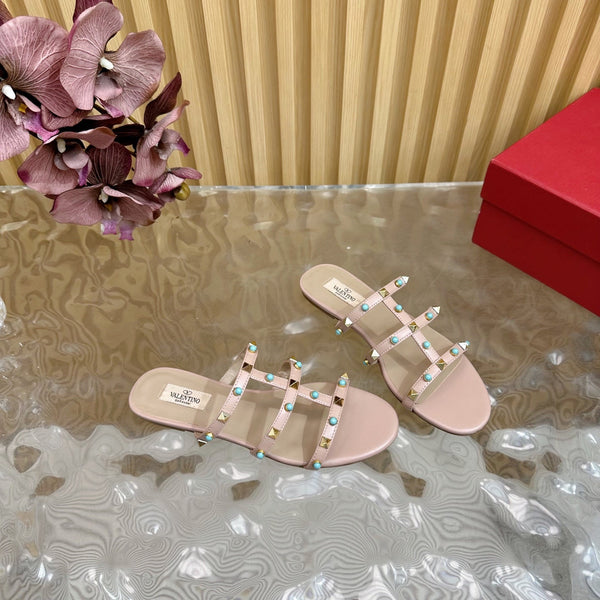 Rockstud Leather Caged Mule Sandals 10mm Pale Pink Sheepskin 307858