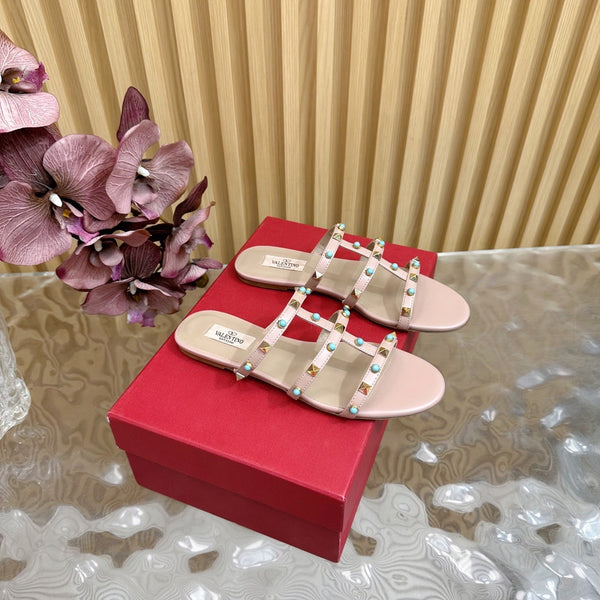 Rockstud Leather Caged Mule Sandals 10mm Pale Pink Sheepskin 307858