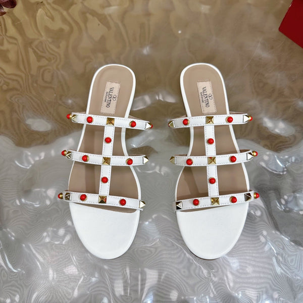 Rockstud Leather Caged Mule Sandals 10mm White Sheepskin 307860