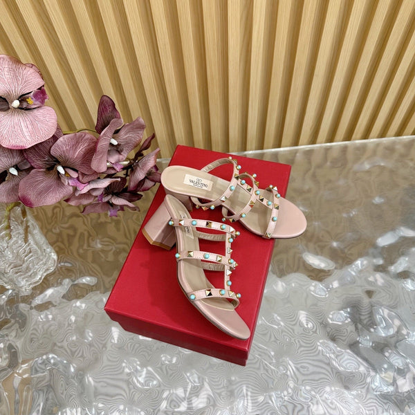 Rockstud Leather Caged Mule Sandals 60mm Pale Pink Sheepskin 307861