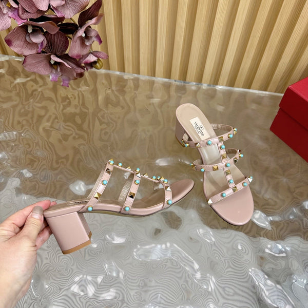 Rockstud Leather Caged Mule Sandals 60mm Pale Pink Sheepskin 307861