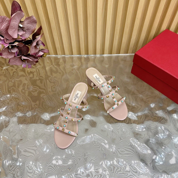 Rockstud Leather Caged Mule Sandals 60mm Pale Pink Sheepskin 307861