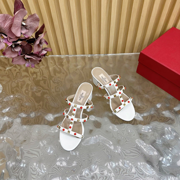 Rockstud Leather Caged Mule Sandals 60mm White Sheepskin 307863