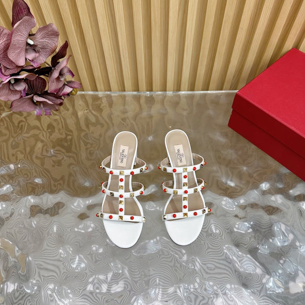 Rockstud Leather Caged Mule Sandals 60mm White Sheepskin 307863