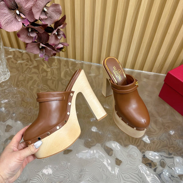 Valentino Tan-Go Clogs 10cm Brown Leather 702270