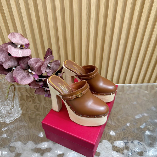 Valentino Tan-Go Clogs 10cm Brown Leather 702270