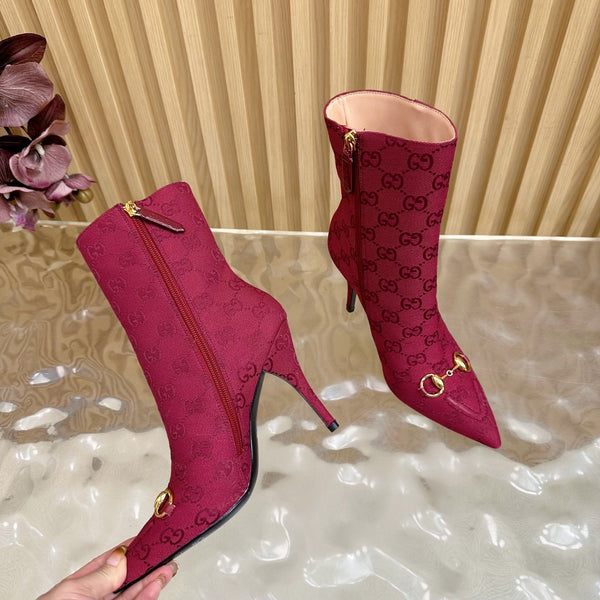 Gucci 2025 Thick-heeled Square-toed Ankle Boots Red Gold Sheepskin Fabric 498066