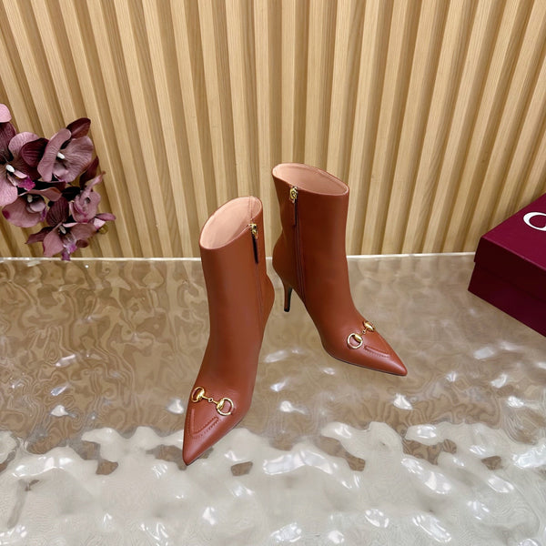 Gucci 2025 Thick-heeled Square-toed Ankle Boots Brown Sheepskin 498070